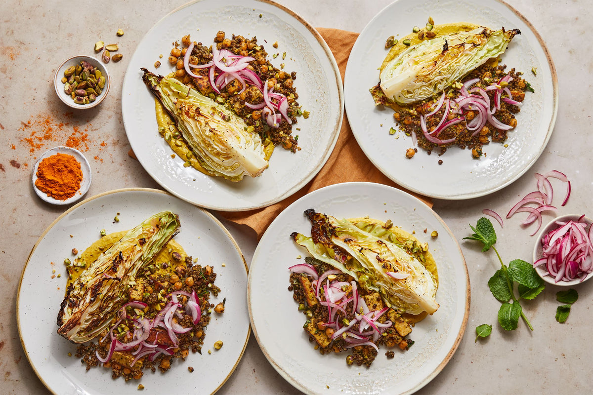 Verbena Cabbage with Tempeh &amp; Tahini Yoghurt on a bed of Lentil and Qu &ndash; Quinola