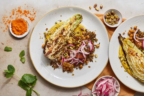 Braised cabbage on a bed on lentils and quinoa