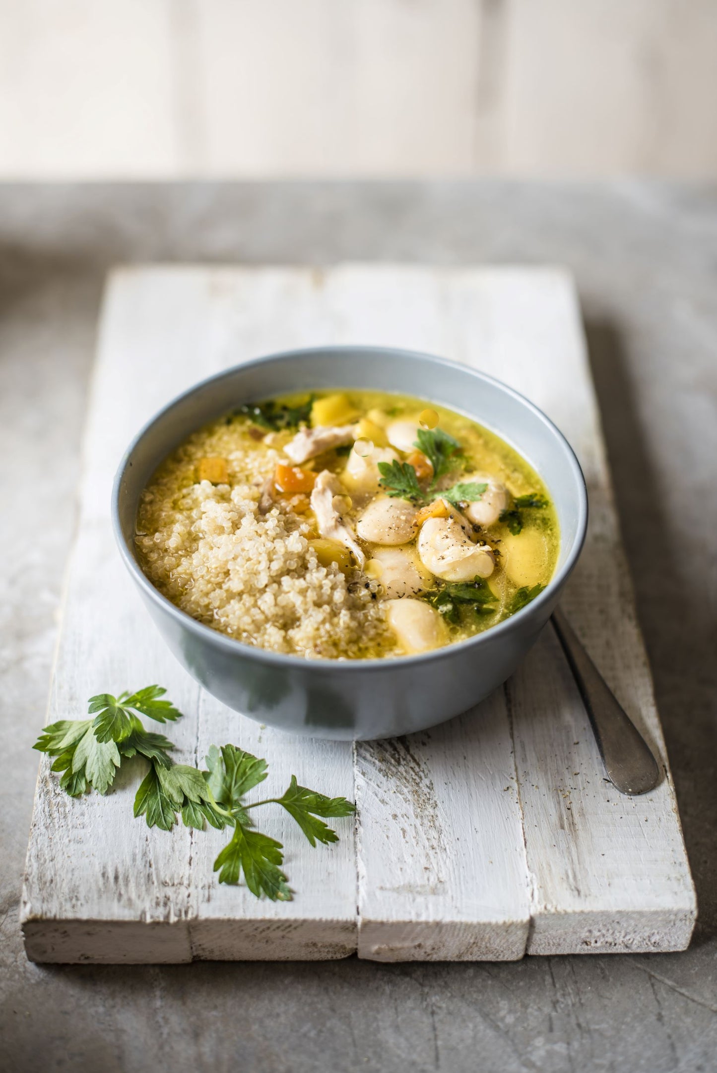 bowl of quinoa, bean and chicken stew