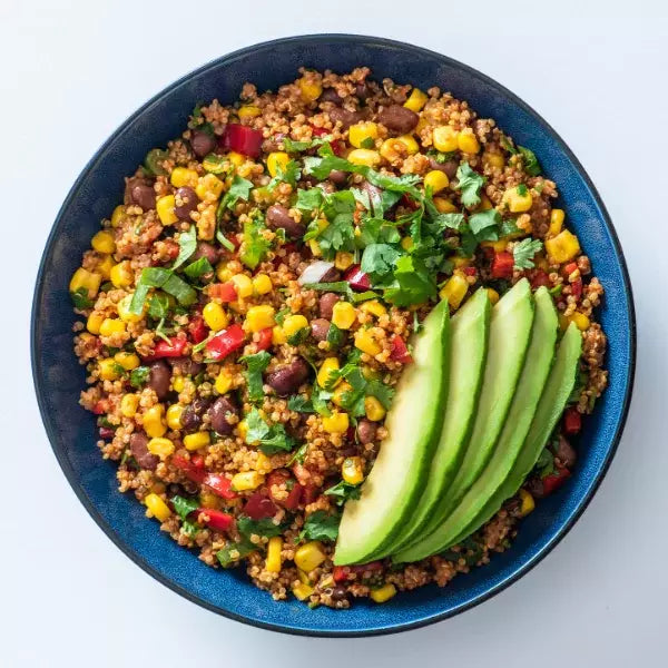 bowl of quinoa, sweetcorn, beans and avocado