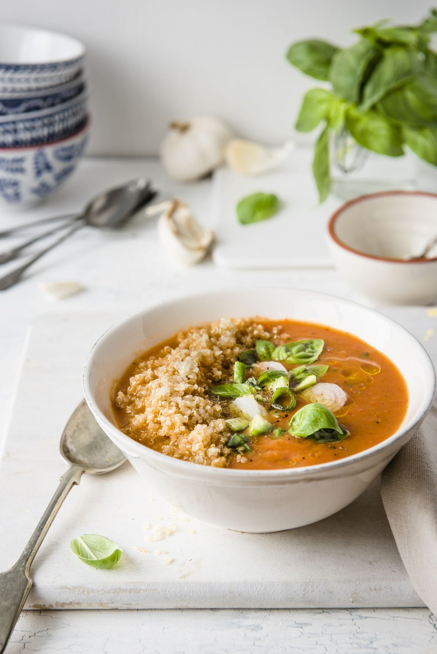 Roasted tomato soup topped with quinoa