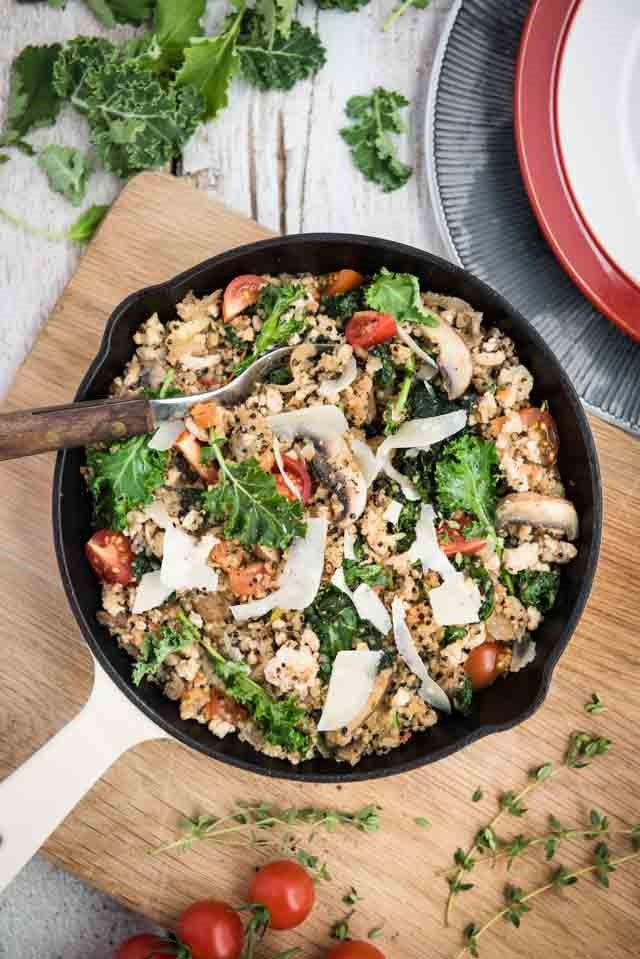 pan of quinoa and kale and turkey