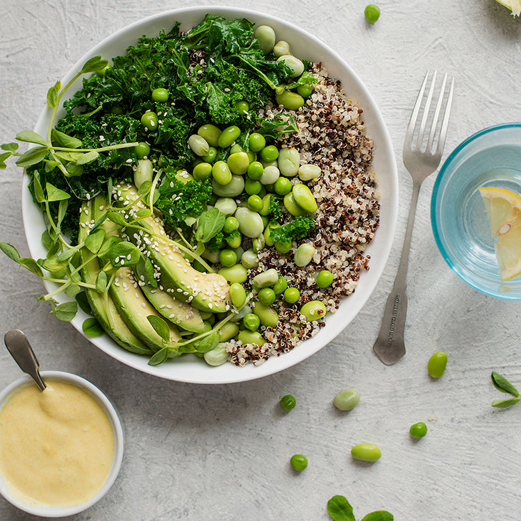 Three Beans, Avocado, Kale and Quinoa Salad with Lime and Tahini Dress – Quinola
