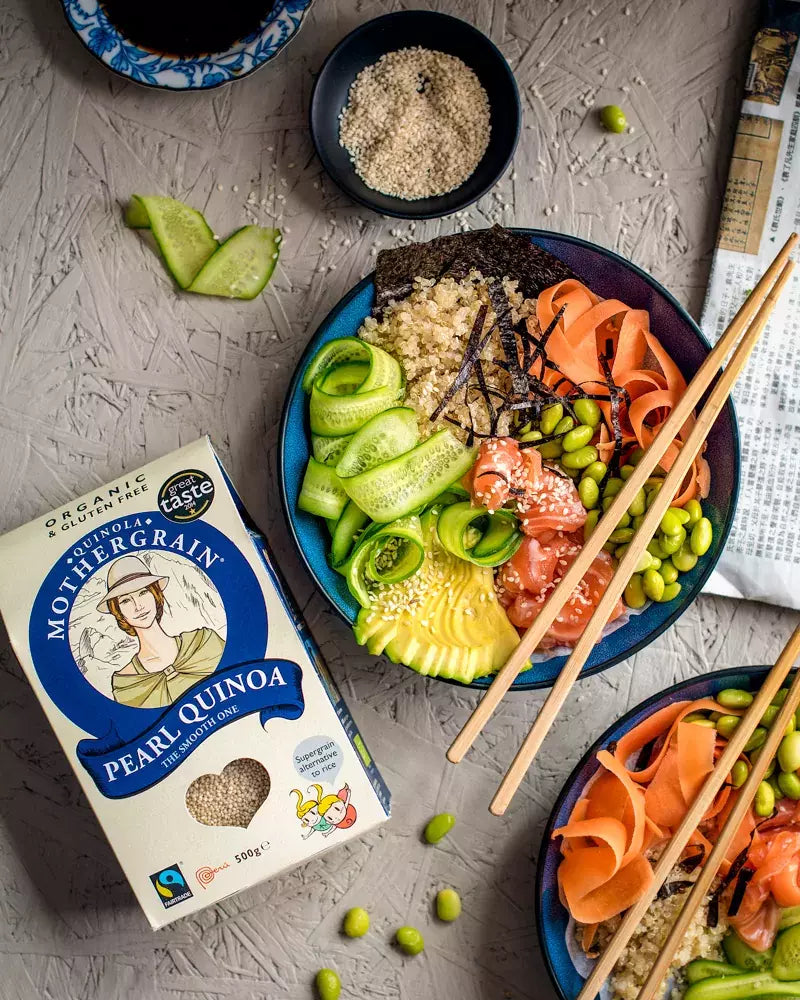 Bowl of quinoa and salmon and pickled vegetables