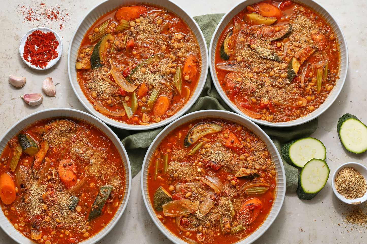 Bowls of tomato and grain soup; including quinoa and lentils