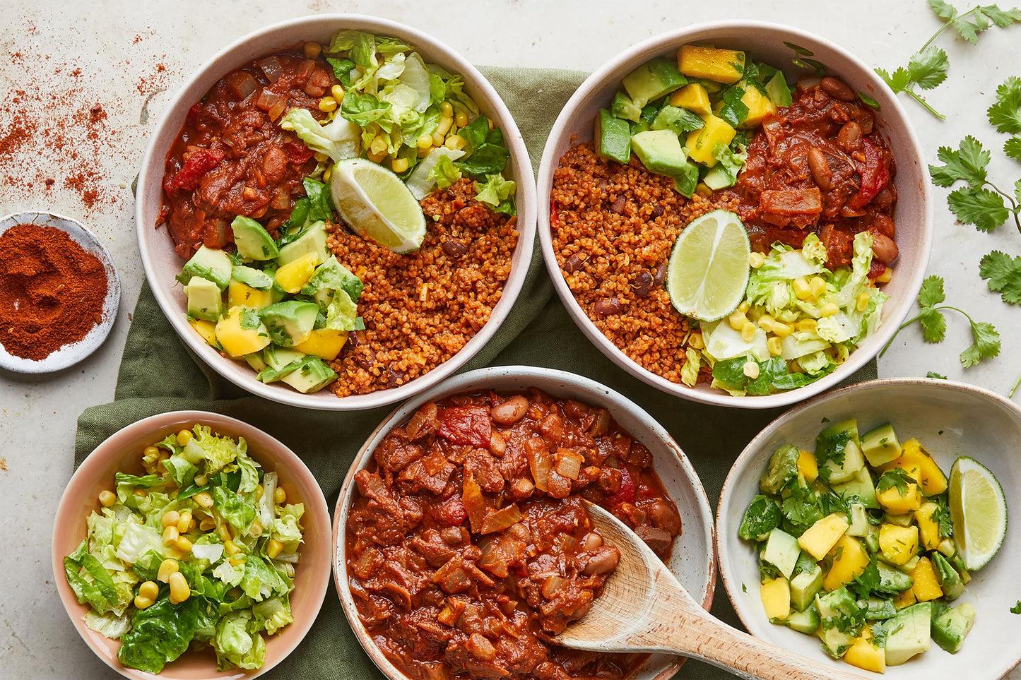 Jackfruit Chilli Bowl with Mango & Avo Salsa and Spicy Mexican Quinoa