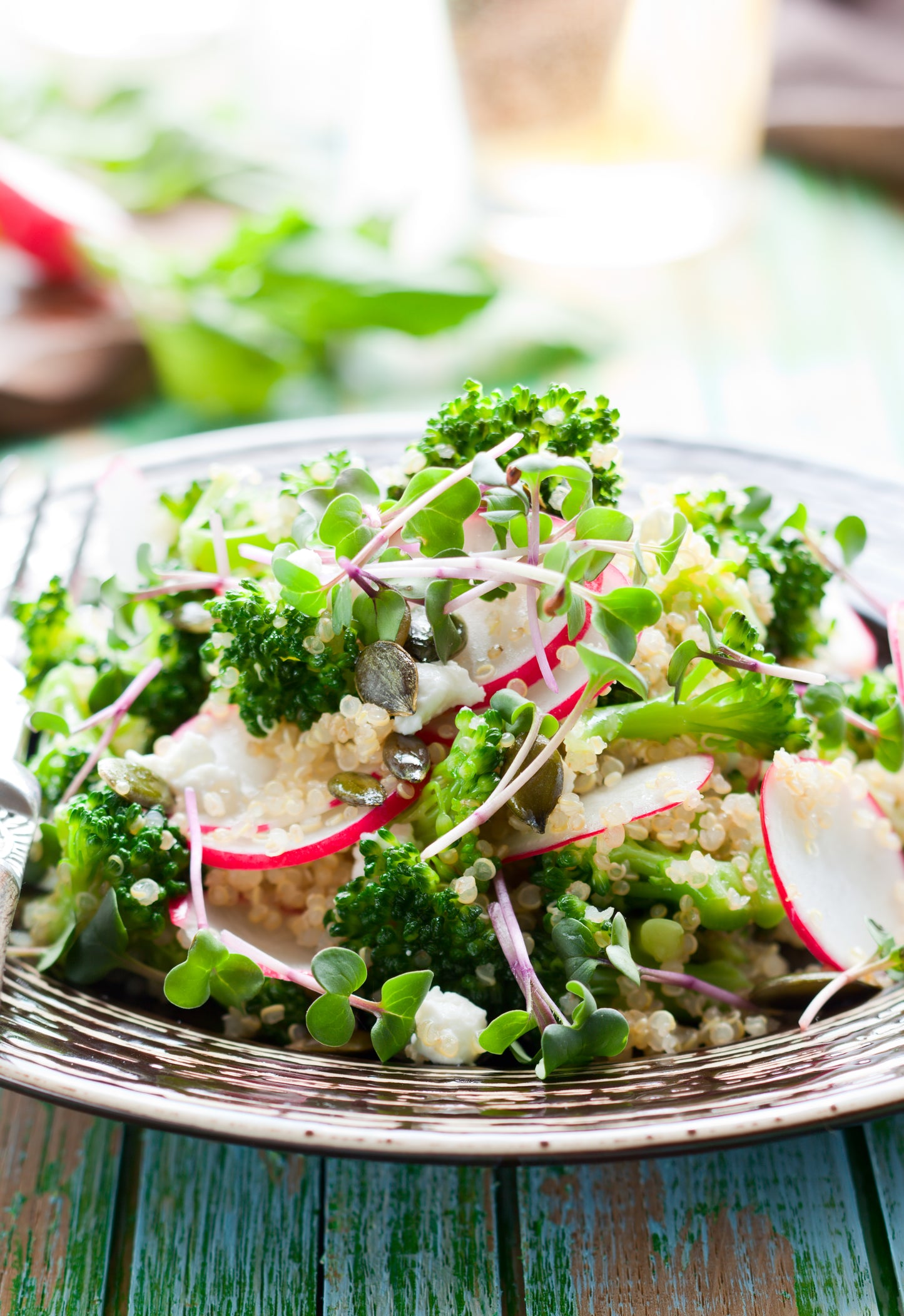 Plate filled with quinoa radish and broccoli salad