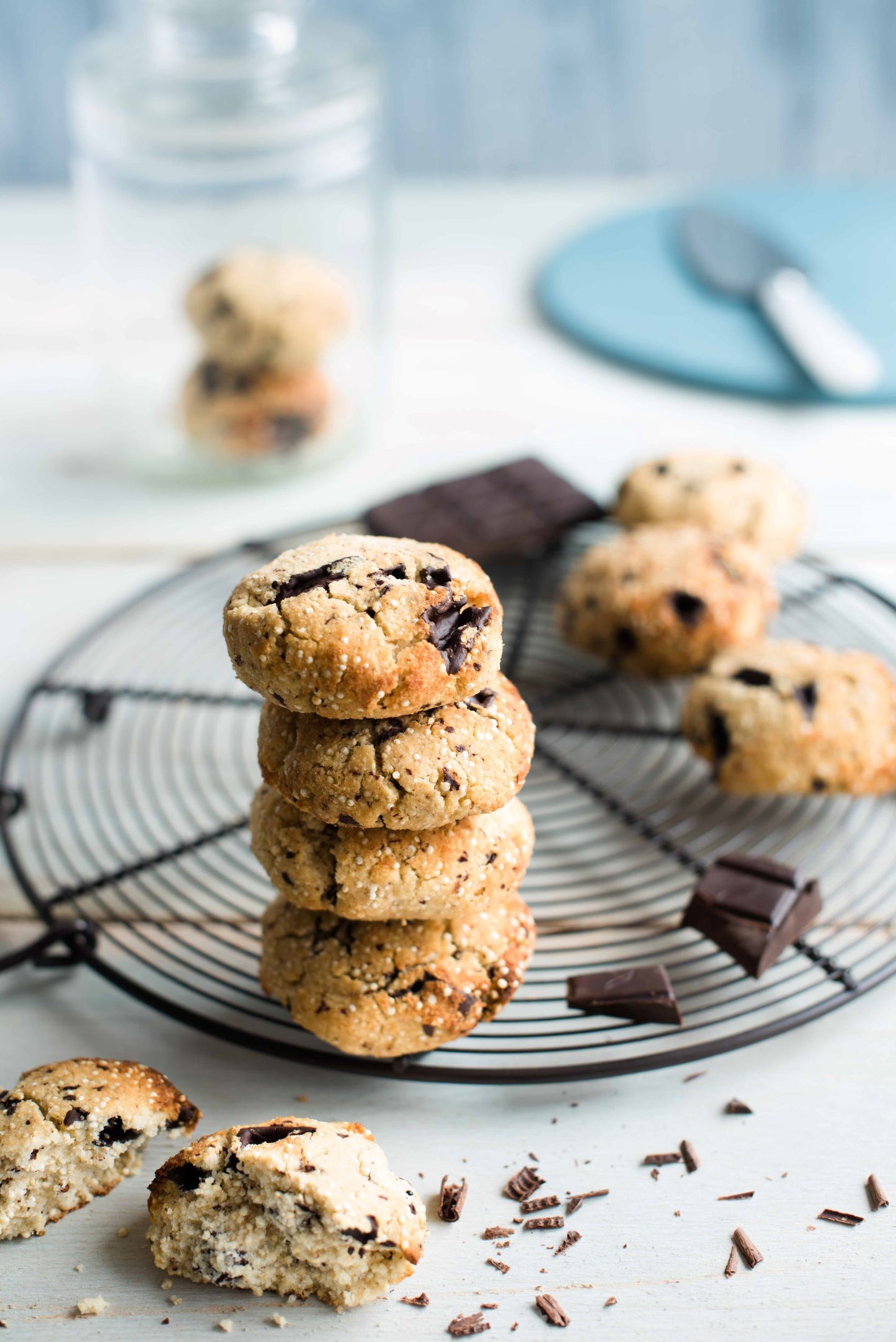 Cooling tray with stack of quinoa baked chocolate chipped cookies 