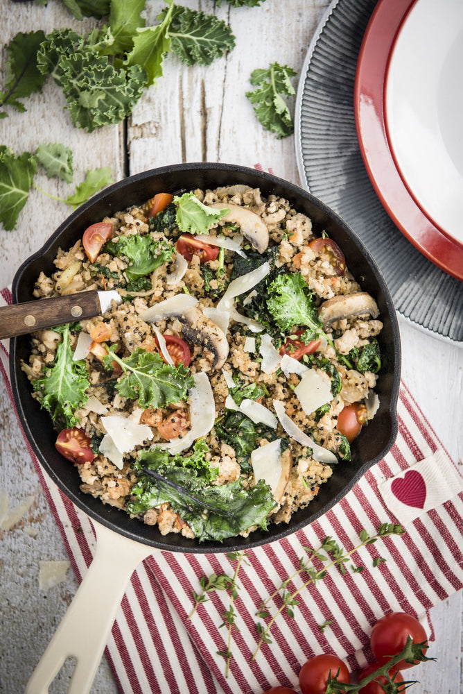 pan of quinoa, kale and turkey