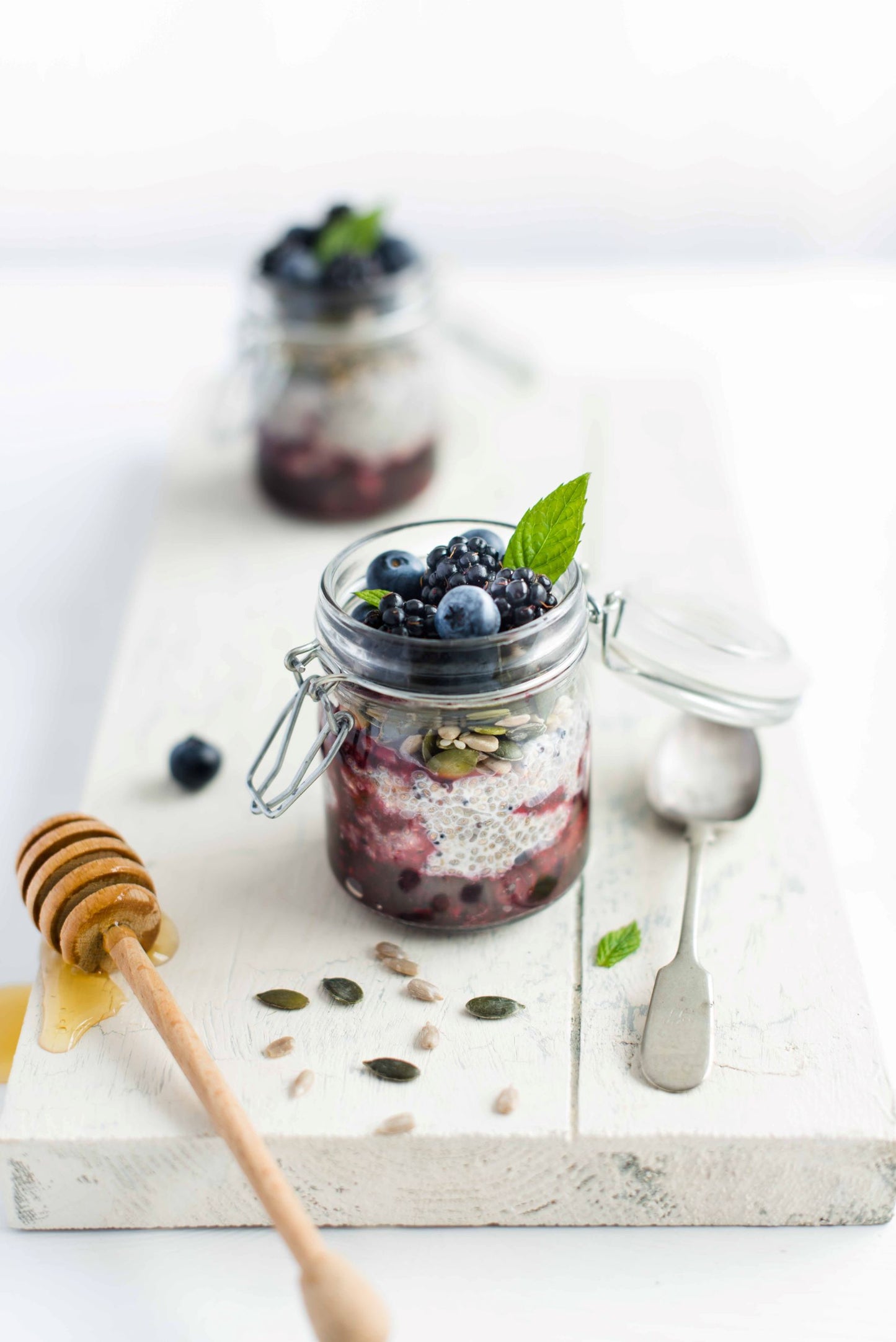 jar of blueberry, chia and quinoa pudding