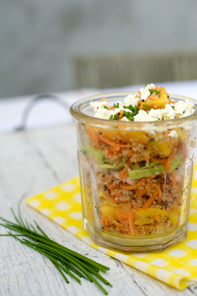 Jar of quinoa, carrot and prawn salad