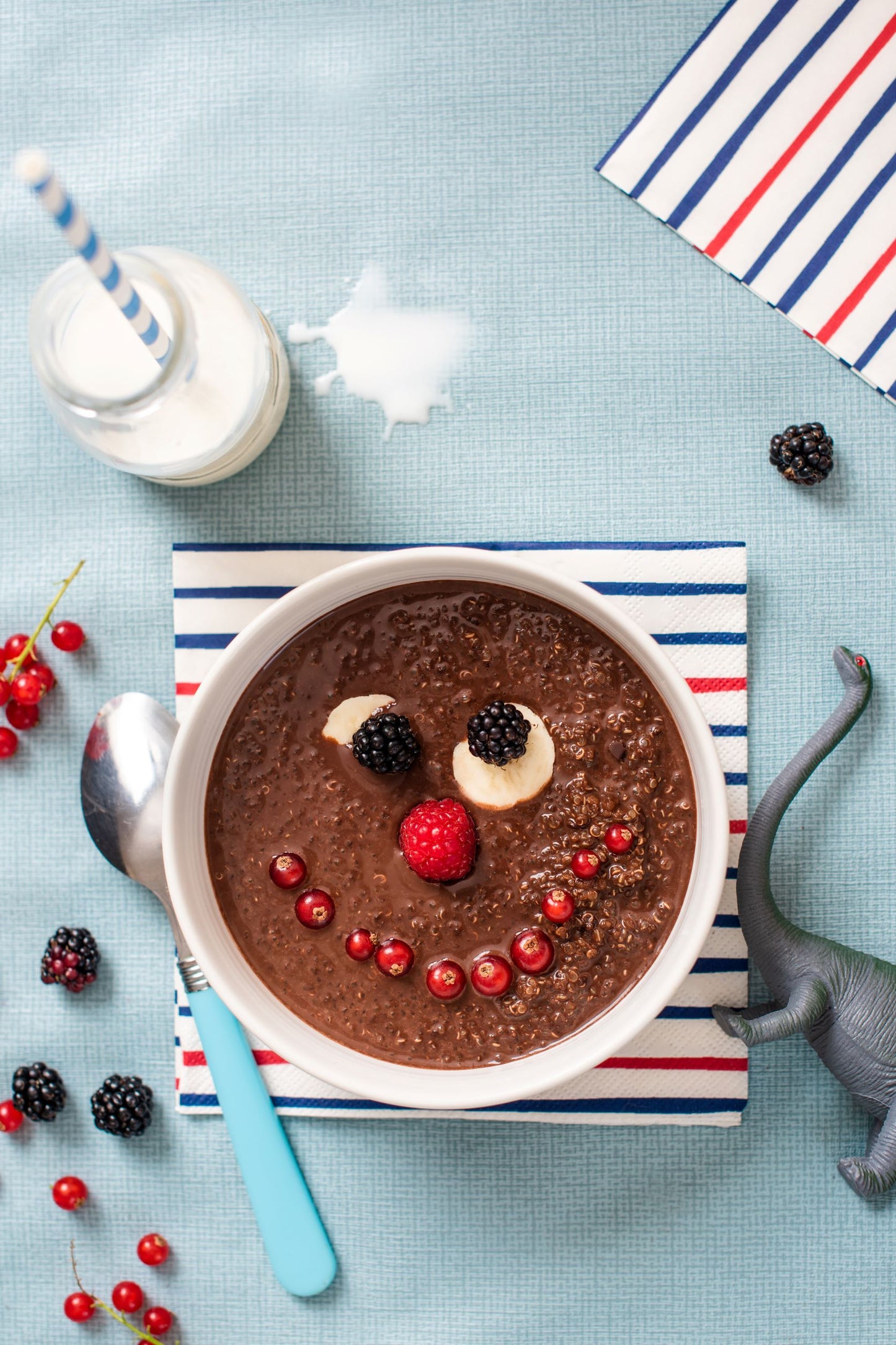 Bowl of chocolate quinoa porridge with fruit placed on top in the display of a face. 