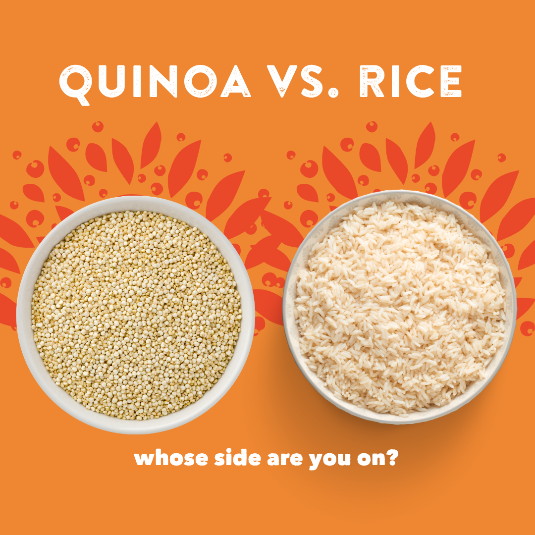 Image of a bowl of quinoa next to a bowl of rice