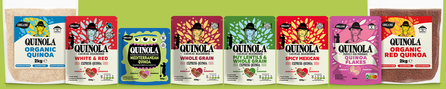 quinola quinoa products including grains to cook, express packs, quinoa flakes, kids meals
